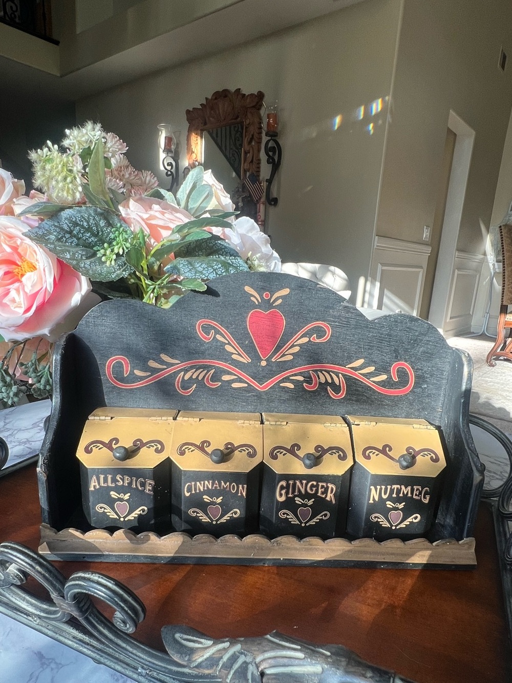 Vintage Folkart tin spice containers with wooden shelf
